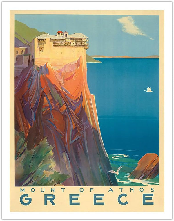 Greece - Mount of Athos Vintage Travel Poster by Corsyn c.1949, Fine Art Matte Paper Print, 11x14in
