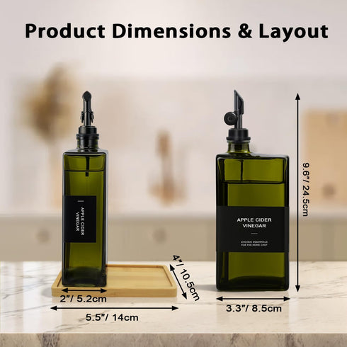 Gelury 16.9oz Set, Set 2) Olive Oil Dispenser Bottle for Kitchen with Bamboo Tray- Glass Oil and Vinegar Dispenser Soy