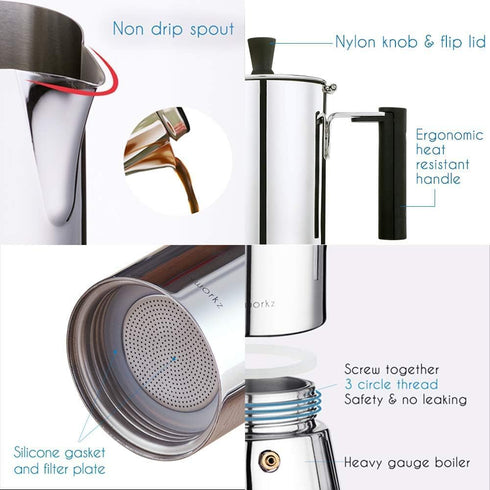 6Cup 300ml Easyworkz Pedro Stovetop Espresso Maker Stainless Steel Italian Coffee Machine Maker Moka Pot Induction