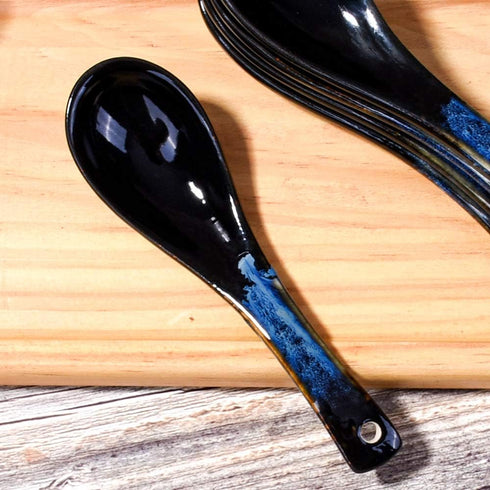 Japanese Ceramic Soup Spoon Set of 5, Blue and Black Table Spoons for Meals, Soups, Ice Creams, Microwave Safe