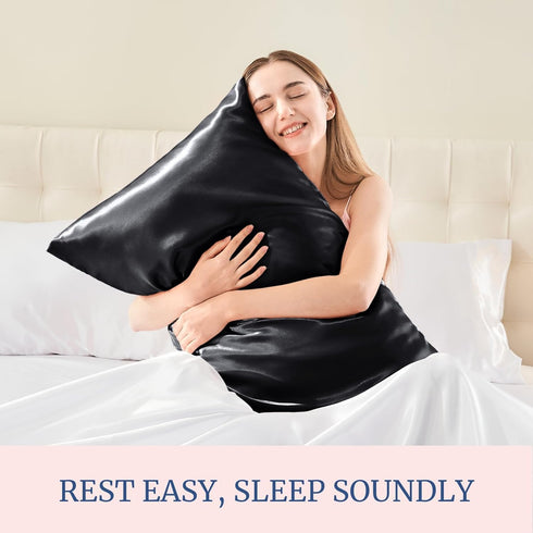 BEDELITE Satin Pillowcase for Hair and Skin, 2 Pack Super Soft Cooling Pillow Cases with Envelope Closure, Black