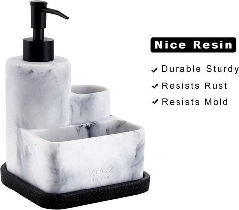 ZCCZ White Soap Dispenser with Sponge Holder, 3 in 1 Set Organizer for Sink Countertop, Removable Tray, Marble Look