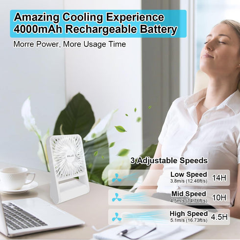 ELZO Small Desk Fan 4000mAh, Mini Desk Fan Foldable Travel Fan Ultra-Quiet Battery Operated Fan, 3 Speeds Adjustable 225° Tilt Standing Hanging Fan for Travel Camping Office Home Outdoor, White