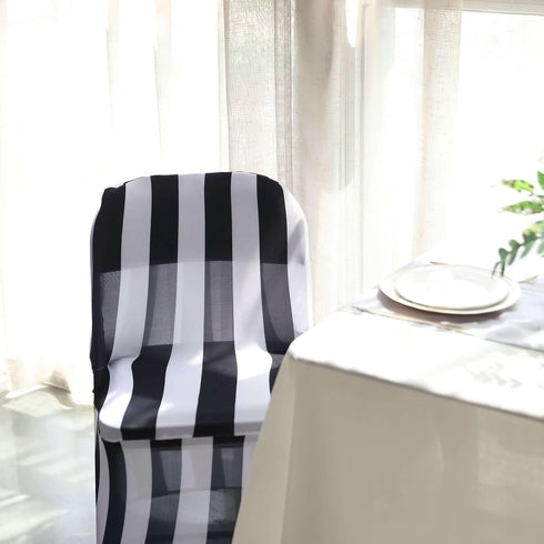 2" 160GSM Efavormart Black & White Striped Spandex Stretch Fitted Folding Chair Cover with Foot Pockets - Premium