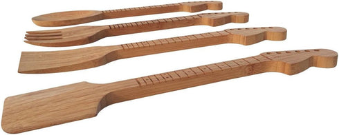 Bamboo Guitar Neck Shaped Kitchen Cooking Utensil Set - Guitar Shaped Musician Gifts - Set of 4: Spoon, Spatulas and Salad Fork by Rise8 Studios
