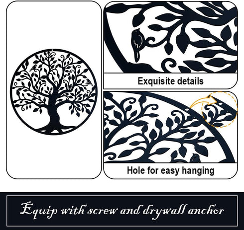 Yetaha Tree of Life Metal Wall Art - 11in x 11in Black Contemporary Iron Artwork Decor for Home and Garden