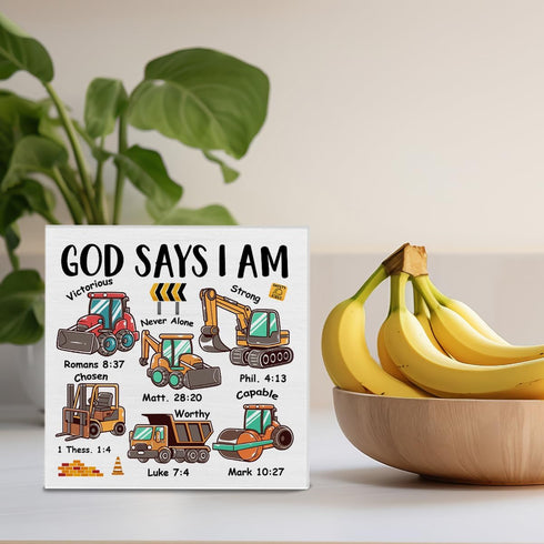Qlnuk Religious God Says I Am Construction Wood Block Sign Nursery Bible Verse Truck Decor for Home Table Desk Shelf