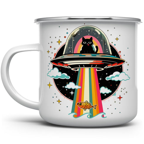 Retro UFO Cat Fish Abduction Enamel Campfire Mug, Fun Outdoor Camping Coffee Cup (12oz)