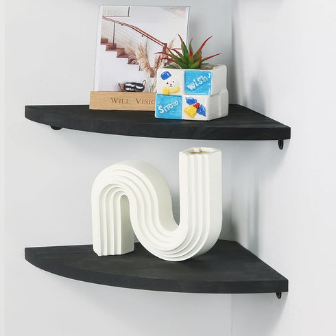 12 inch Set 2 (Black-12 inch) JORIKCHUO Corner Shelf, of Solid Wood Corner Floating Shelves for Wall, Round End Wall