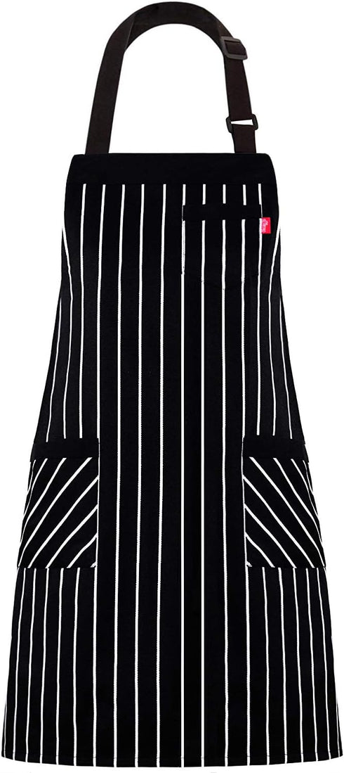 Aprons for Women and Men - Kitchen Chef Apron with 3 Pockets, Adjustable Bib Apron, 32" x 28" - Black/White