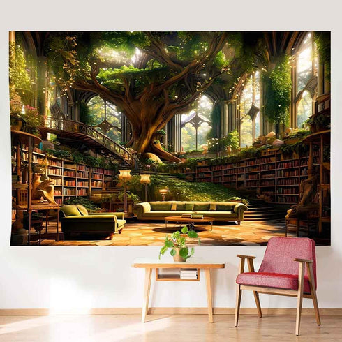 60x40inch Ine Ive Forest Library Tapestry Mysterious Green Tree Medieval Bookshelf Aesthetic Tapestries Vintage Book