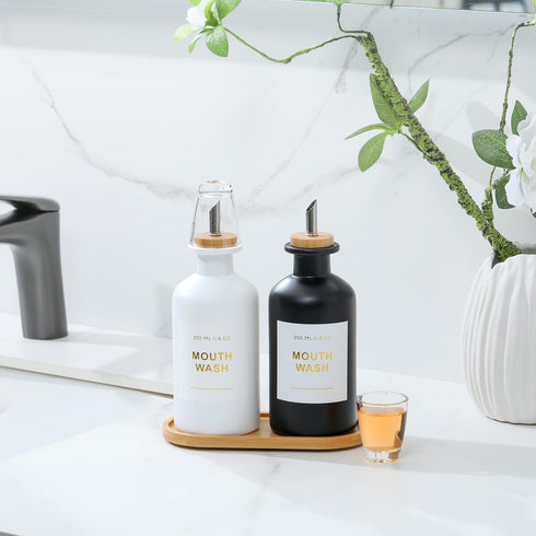 BONLONG 11.8OZ Set 2Black/White Mouthwash Dispenser for Bathroom with Bamboo & Stainless Steel Pour Spout, Mouthwash
