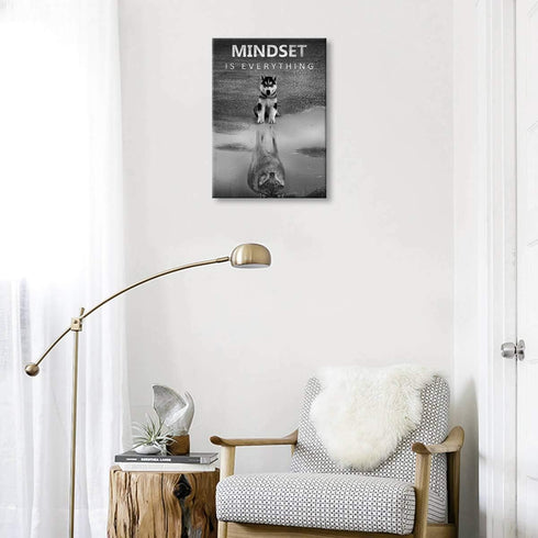 Modern Motivational Bedroom Wall Art, Mindset is Everything Inspirational Office Wolf Motto Artwork, Black and White