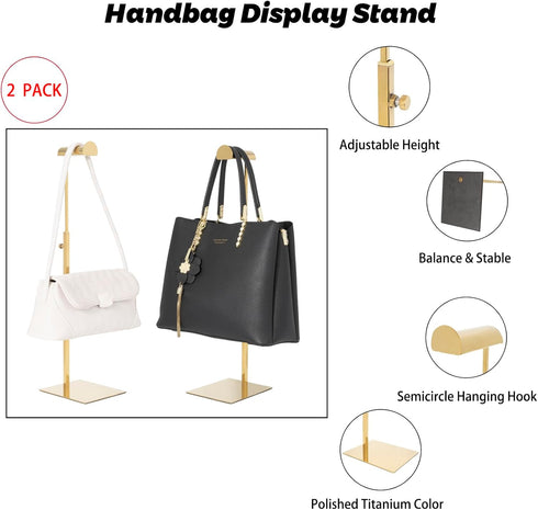 Handbag Display Stand - 2 Pack Stainless Steel Purse Hanging Hook Stands, Adjustable Height Table Ornament for Boutique