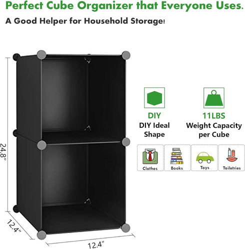 2-Cube Closet 12.4" 12.4" 24.8" C&AHOME Cube Storage, Organizer Units, Plastic Storage Shelves, DIY Book Shelf, Modular