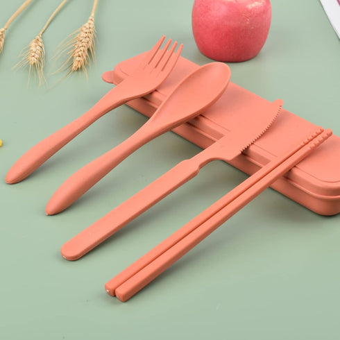 Reusable Utensils Set with Case, 4 Sets Wheat Straw Travel Cutlery Set, Portable Spoon Knife Fork Chopsticks Lunch Box Utensil Set for Kids Adults by Zoyiancy