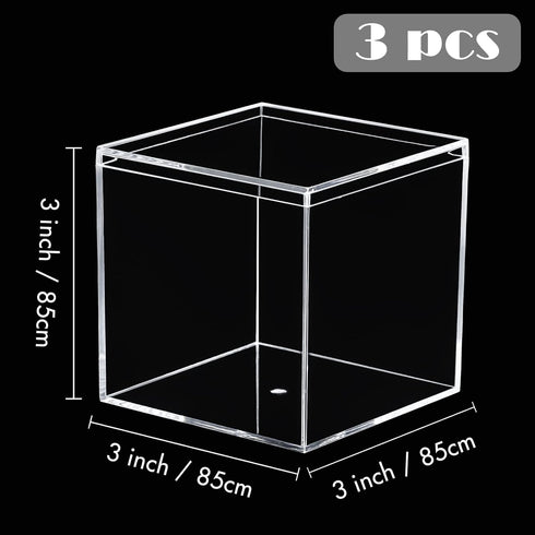 Kamehame Acrylic Boxes for Display, 3 Pack Clear Plastic Square Cube, 3.3x3.3x3.3Inch Small Storage Boxes with Lid