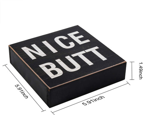 Funny Bathroom Signs Decor, Farmhouse Wooden Box Sign Wall Art, 6" Square Nice Butt