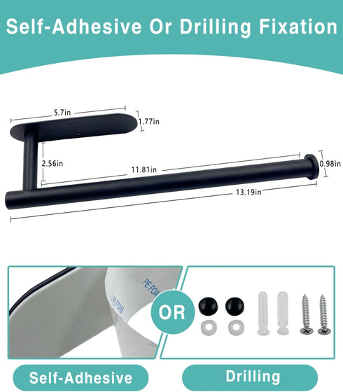 Paper Towel Holder - Self Adhesive or Drilling Under Cabinet Stainless Steel Black Wall Mount for Kitchen