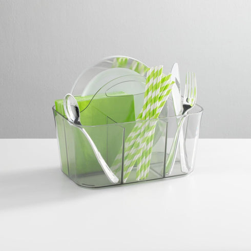 mDesign Clear Plastic Cutlery Storage Organizer Caddy Bin Tote with Handle - Divided Pantry Basket for Forks, Knives,