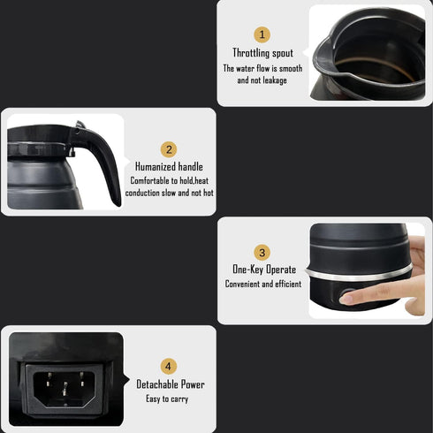 Foldable Electric Travel Kettle, Portable Silicone Collapsible Water Boiler and Tea Pot for Camping (Black)