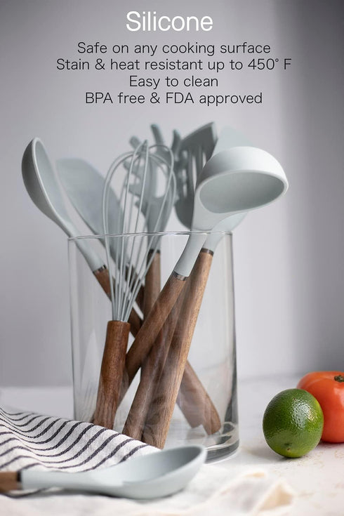 Country Kitchen 8 pc Non Stick Silicone Utensil Set with Rounded Wood Handles for Cooking and Baking - White by Country Kitchen