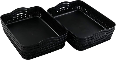Large Plastic Storage Basket Tray with Handle, Black, Pack of 6