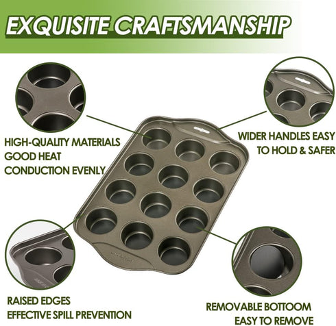 Mini Muffin Pan, 12 Cup with Removable Bottom, Nonstick Cupcake Pans for Baking, Premium Carbon Steel