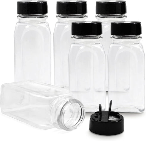 RoyalHouse 6 Pack Plastic Spice Jars, 14 Oz, Clear BPA Free Containers with Black Cap, Made in USA