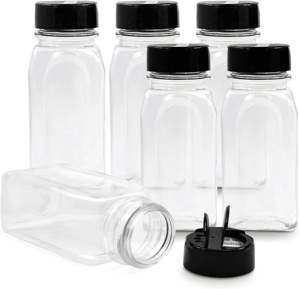 RoyalHouse 6 Pack Plastic Spice Jars, 14 Oz, Clear BPA Free Containers with Black Cap, Made in USA