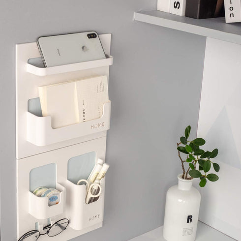 Bedside Shelf - White Stick On Wall Mounted Caddy Organizer for Phone, Glasses, Remote Control, Keys, Pens - Plastic