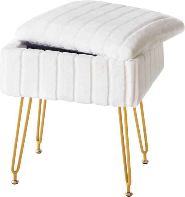 FUXA Vanity Stool Chair with Storage, White Faux Fur Makeup Chair with 4