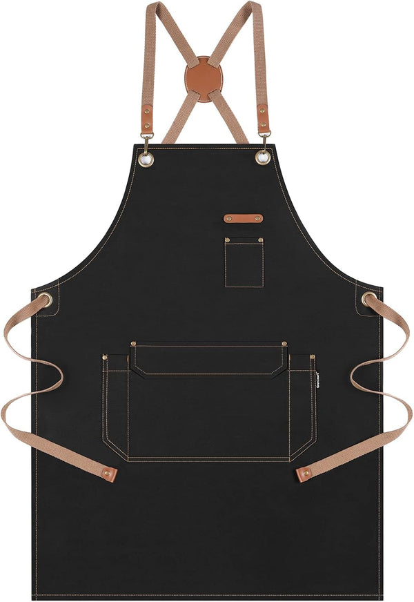 Chef Apron for Men and Women with Gift Box, Cross Back Apron with Pockets for Cooking, Baking, Cotton Canvas Work Apron