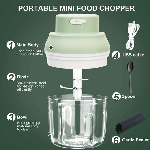 Electric Garlic Chopper Mini, Garlic Masher Mincer with Peeler and Spoon, 250ML/8.5FL OZ, Green