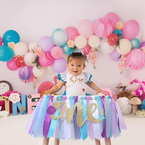 WODCM 1st 1st Mermaid HighChair Banner Birthday High Chair Banner Girl Mermaid High Chair Skirt Under The Sea Birthday