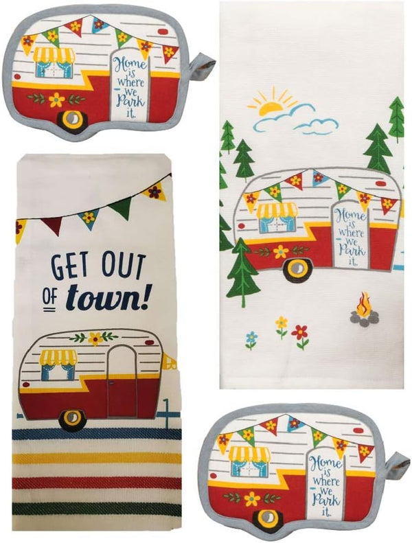 4 Piece Happy Camper Kitchen Towel Bundle - 1 Tea Towel, 1 Terry Towel, 2 Potholders