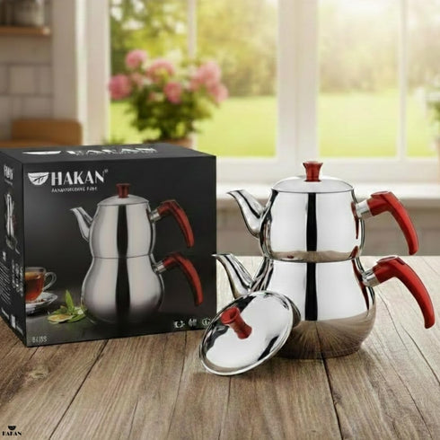 Set Set, 1.05 1.9 Hakan Teapot with Self Strainer Double Lids, Stainless Steel Midi Double Bondy Tea Pot Turkish