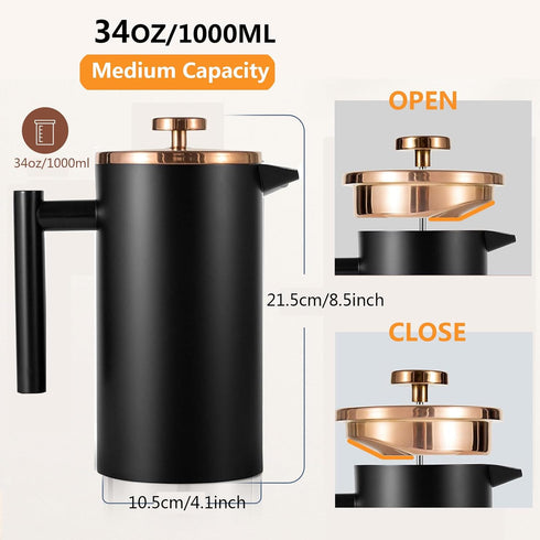 Black French Press 34oz, Double Wall Insulated Coffee Maker with 2 Extra Filters and Spoon
