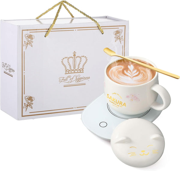 Cute Cat Smart Coffee Warmer with Mug for Women, Electric Coffee Mug Heater, Temperature Control, Ceramic, White, Gift