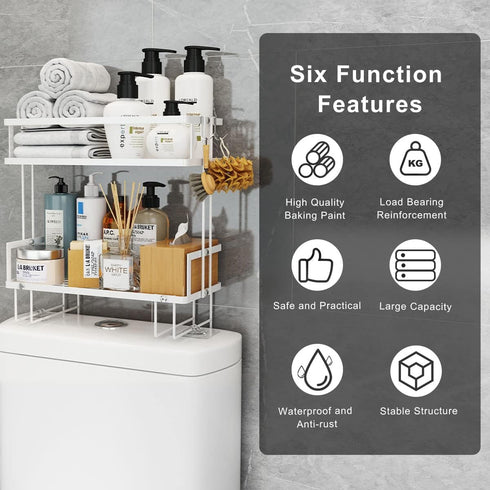 Over The Toilet Storage Shelf, 2-Tier Bathroom Organizer, Punch-Free Home Storage Rack with Hooks, White