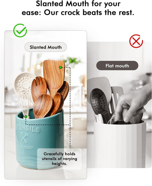 AISBUGUR Large Ceramic Utensil Holder, 7.5" H×6.3" W with Slanted Mouth, Non-Slip Cork Base for Kitchen Decor