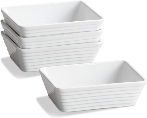 ONEMORE Set of 4 Ceramic Baking Dishes, 5x7-inch White Individual Casserole Dishes for Toaster Oven, Stylish and