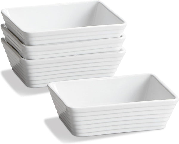 ONEMORE Set of 4 Ceramic Baking Dishes, 5x7-inch White Individual Casserole Dishes for Toaster Oven, Stylish and