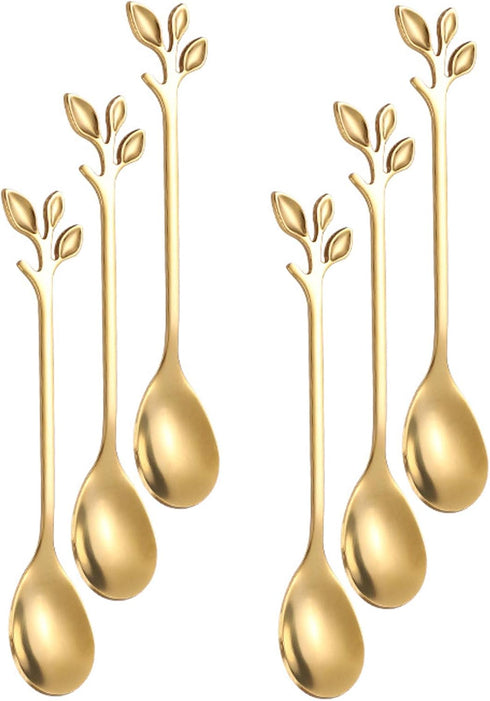 Gold Leaf Coffee Spoon Set of 6, Retro Stainless Steel Mini Cutlery, 4.7 Inch Ice-Cream Tea Stirring Spoons