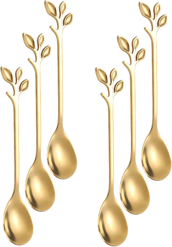 Gold Leaf Coffee Spoon Set of 6, Retro Stainless Steel Mini Cutlery, 4.7 Inch Ice-Cream Tea Stirring Spoons