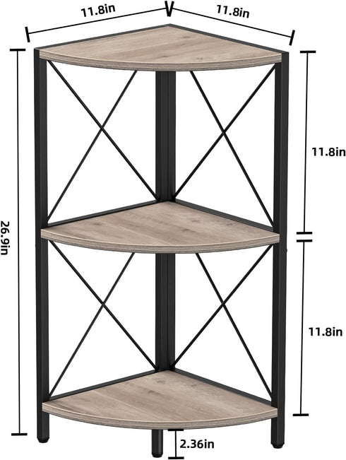 Snughome 3-Tier Corner Shelf for Desktop, Grey Freestanding Corner Storage Organizer with Metal Frame Display Rack