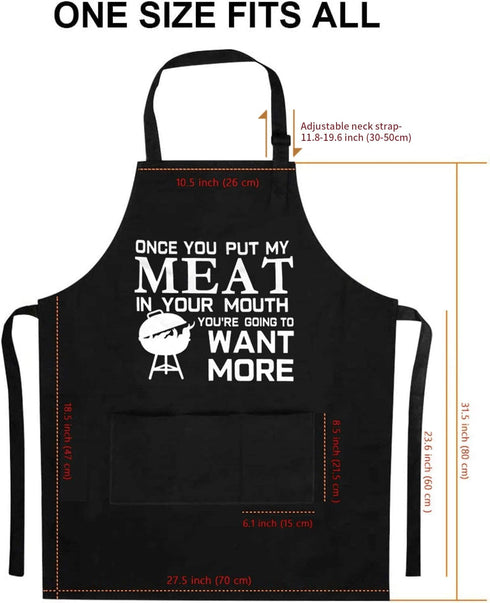 Funny Grilling Apron for Men - Once You Put My Meat - One Size Fits All, Black Chef Kitchen BBQ Apron with 3 Large