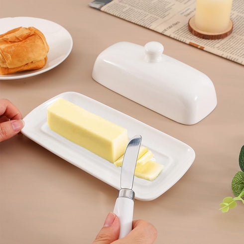 Butter Dish with Lid, Porcelain Butter Box with Stainless Steel Knife, Kitchen Gift in White