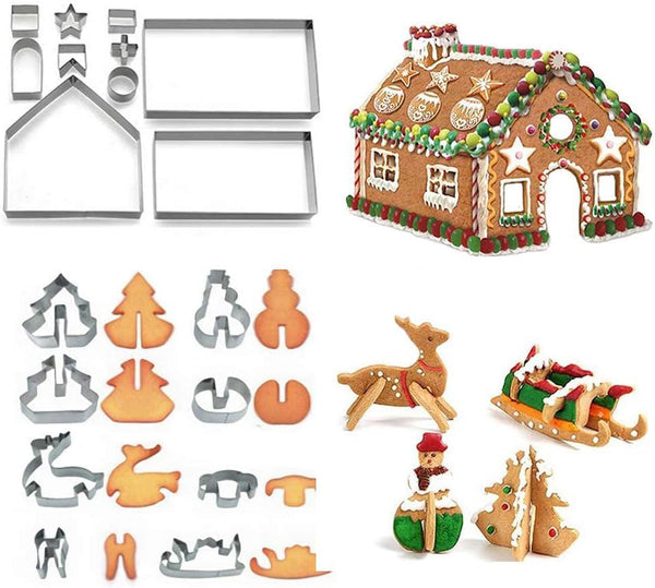 Gingerbread House Cookie Cutter Set, 3D Stainless Steel Biscuit Cutter Mold Including Christmas Tree, Snowman,