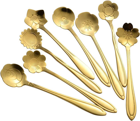 AnSaw 8 Piece Flower Scoop Set - Stainless Steel Reusable Tea Scoops for Tea Parties, Gold